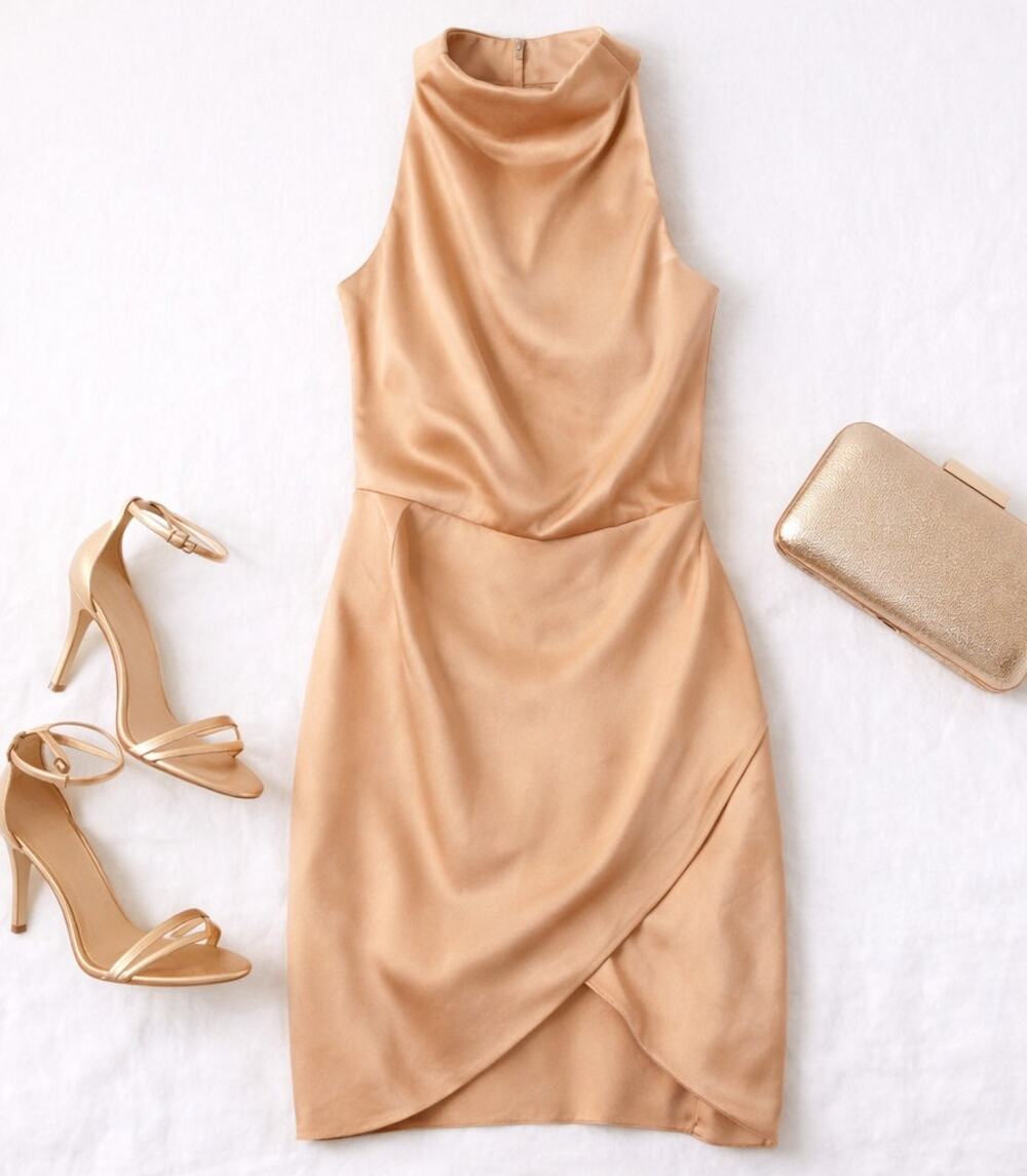 Elliatt Camo Champagne Satin Mockneck Draped Dress Tulip Hem New with Flaw